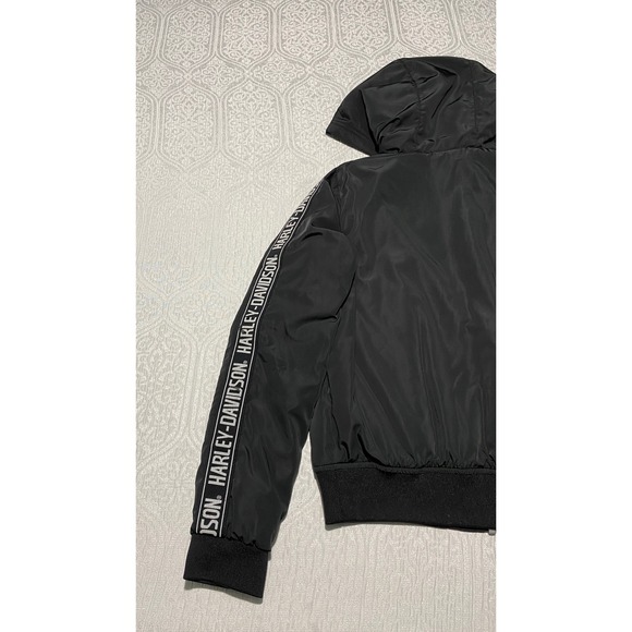 Harley Davidson Black Hooded Bomber Jacket With Logo Tape Size S - Picture 8 of 12